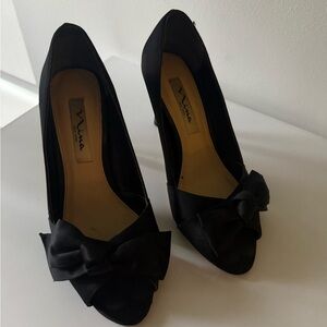 Nina black satin peep-toe pumps